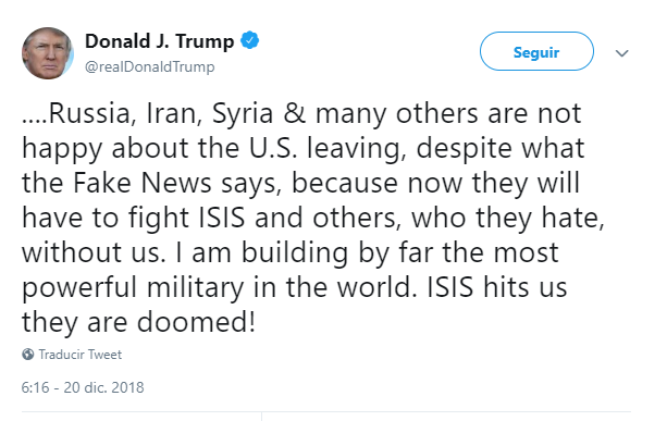 Trump tuitea sobre el retiro de sus tropas de Siria. (@realDonaldTrump)