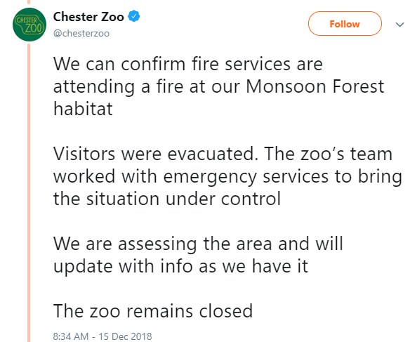Incendio provoca cierre de zoológico de Chester, Reino Unido