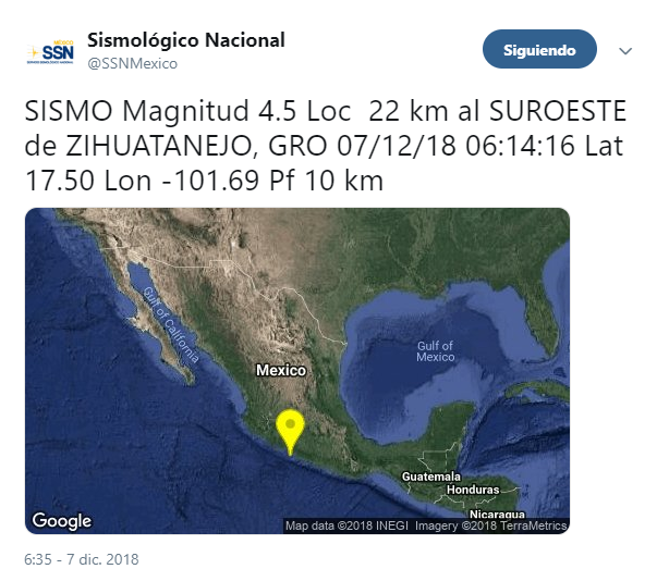 Sismo de magnitud 4.5 se registra en Zihuatanejo, Guerrero