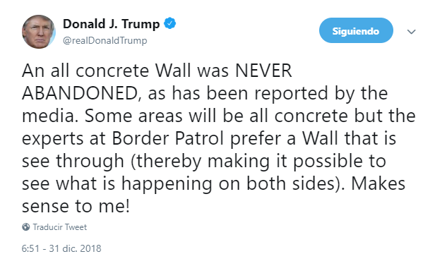 Trump reitera que sí quiere muro de concreto en frontera con México