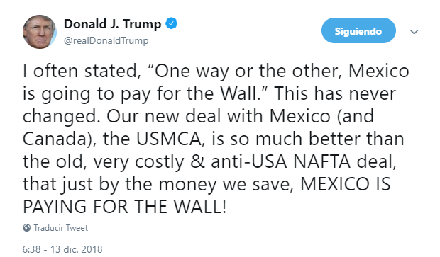 Trump: México pagará muro con "nuevo" acuerdo comercial