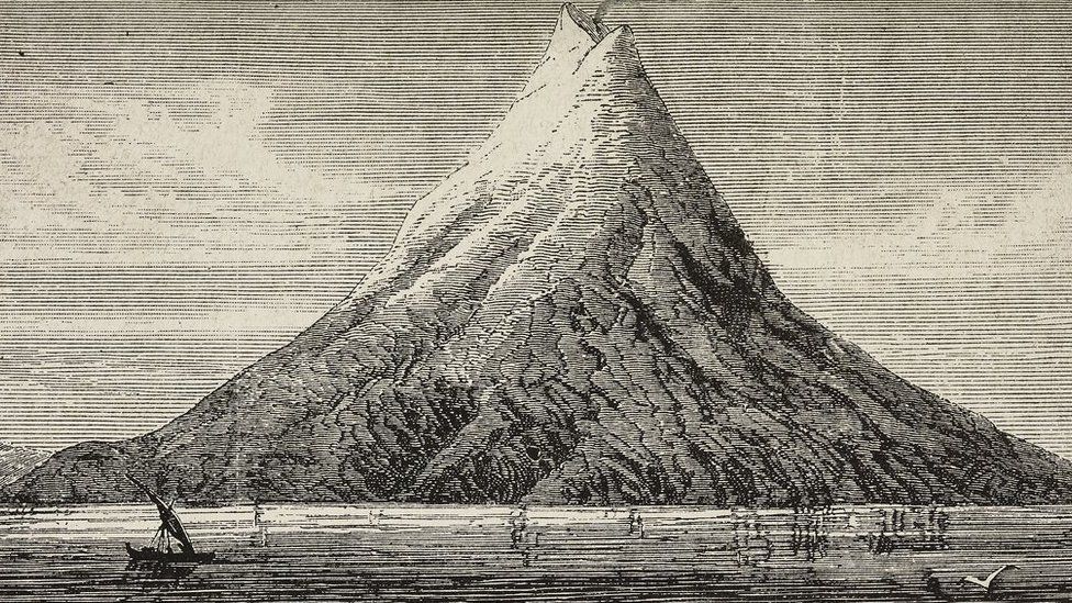 Un dibujo del volcán Krakatoa realizado en 1883, antes de una catastrófica erupción (GettyImages)
