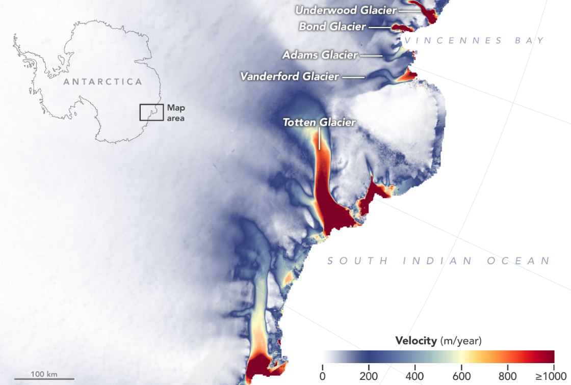 Un grupo de glaciares de Antártida Oriental se han reducido su altura en tres metros desde 2008 (NASA MEaSUREs ITS_LIVE)