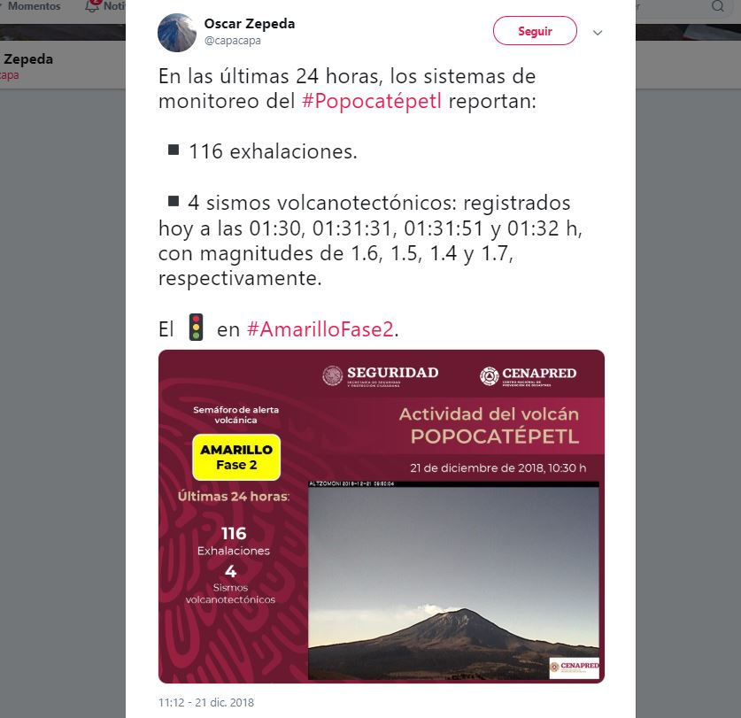 Volcán Popocatépetl registra 116 exhalaciones