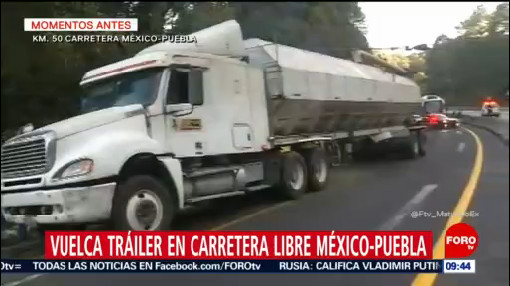 Vuelca tráiler en carretera libre México-Puebla