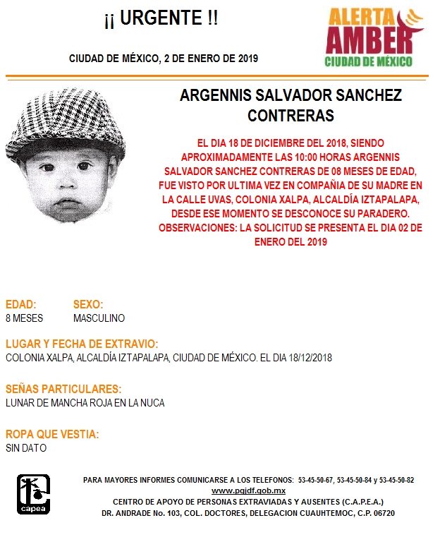 Alerta Amber para localizar a Argennis Salvador Sánchez