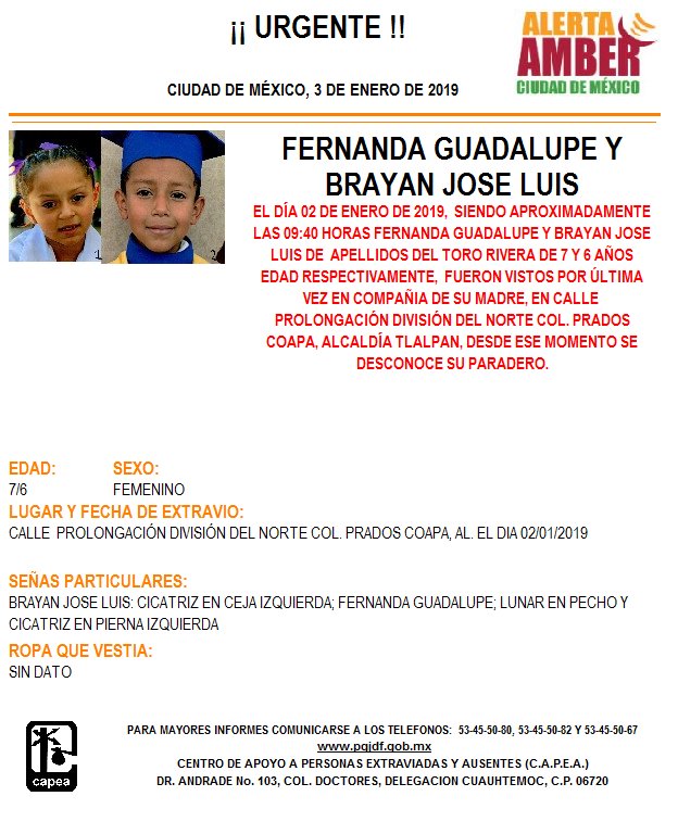 Alerta Amber para Fernanda Guadalupe y Brayan José Luis Del Toro Rivera