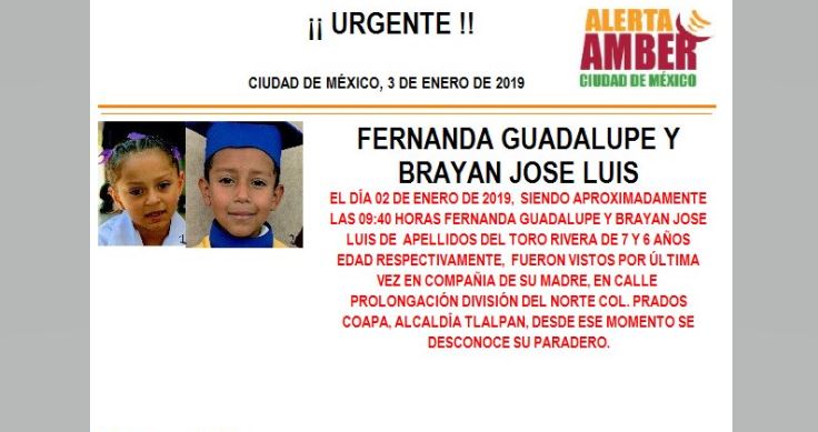 Alerta Amber: Ayuda a localizar a Fernanda Guadalupe y Brayan José Luis Del Toro Rivera