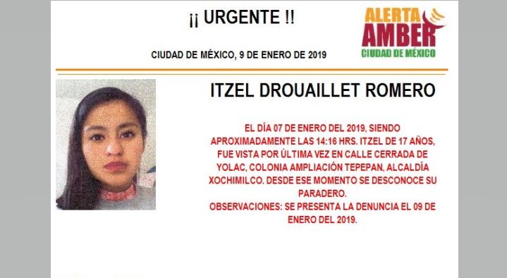 Alerta Amber: Ayuda a localizar a Itzel Drouaillet Romero