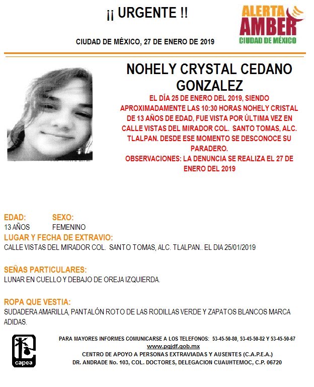 Foto: Alerta Amber para localizar a Nohely Crystal Cedano González 28 enero 2019