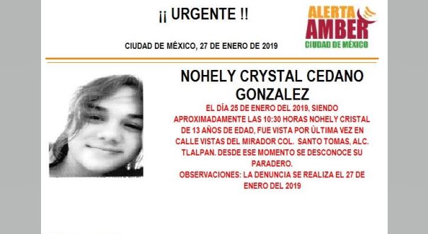 Foto: Alerta Amber para Nohely Crystal Cedano González 28 enero 2019