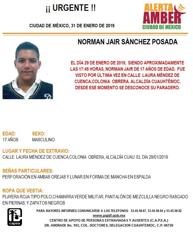 Foto: Alerta Amber para localizar a Norman Jair Sánchez Posada 31 enero 2019