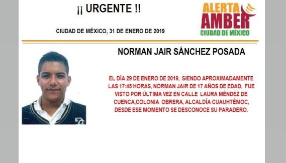 Foto: Alerta Amber para localizar a Norman Jair Sánchez Posada 31 enero 2019