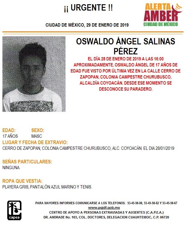 Foto: Alerta Amber para localizar a Oswaldo Ángel 29 enero 2019