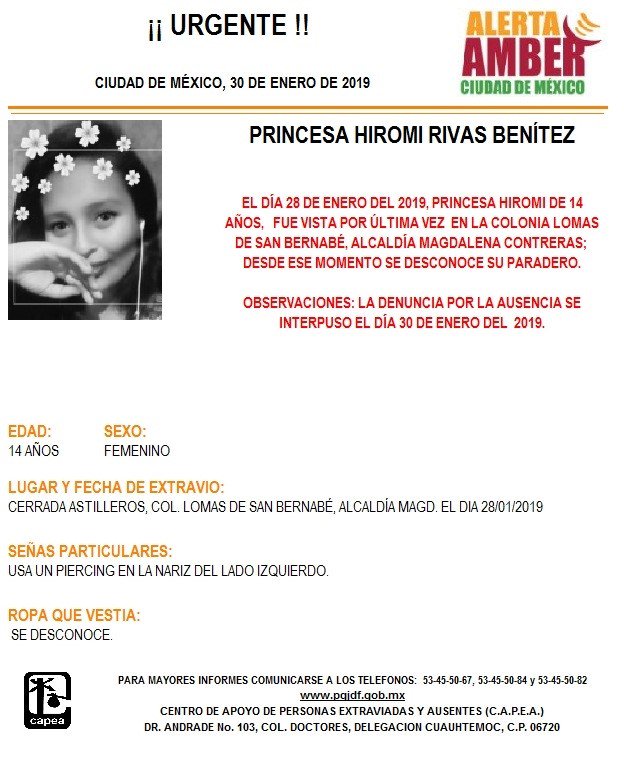 Foto: Alerta Amber para localizar a Princesa Hiromi Rivas Benitez 31 enero 2019