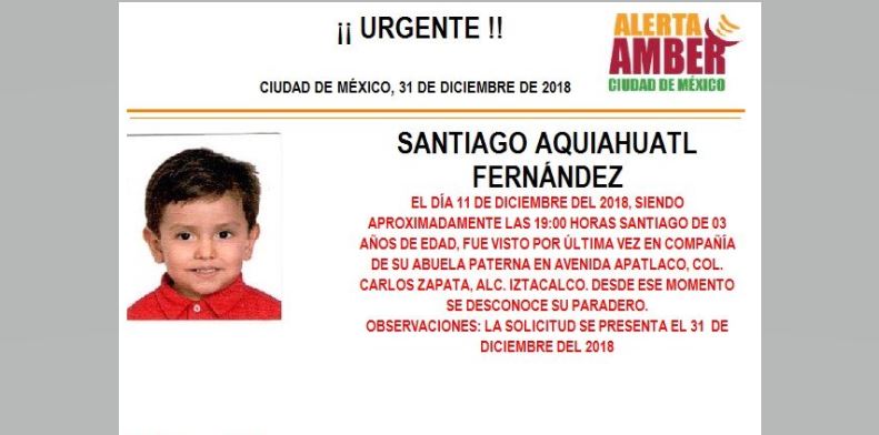 Alerta Amber para localizar a Santiago Aquiahuatl Fernández