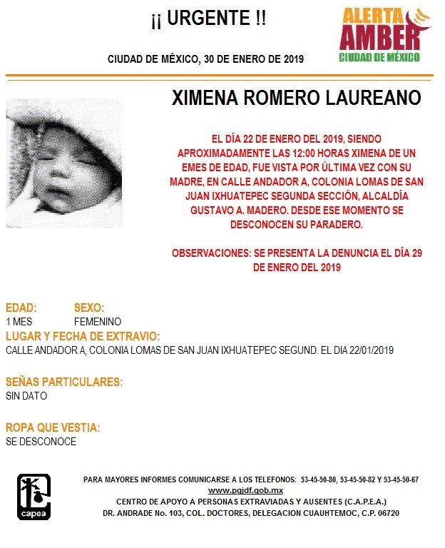 Foto: Alerta Amber para localizar a Ximena Romero Laureano 30 enero 2019