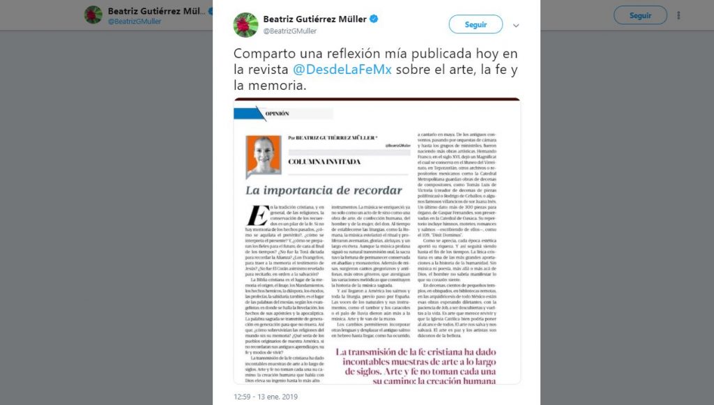 Beatriz Gutiérrez Müller escribe columna en 'Desde la Fe'