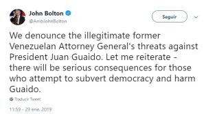 Foto: Asesor de Seguridad Nacional de la Casa Blanca lanza advertencia al gobierno de Maduro, enero 29 de 2019 (Twitter: @AmbJohnBolton)