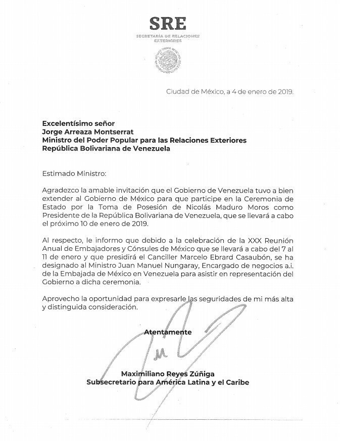 Comunicado SRE sobre investidura de Maduro