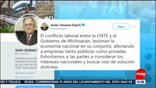 Foto:Conflicto entre CNTE y Michoacán lesiona economía nacional: Jiménez Espriú, 27enero 2019