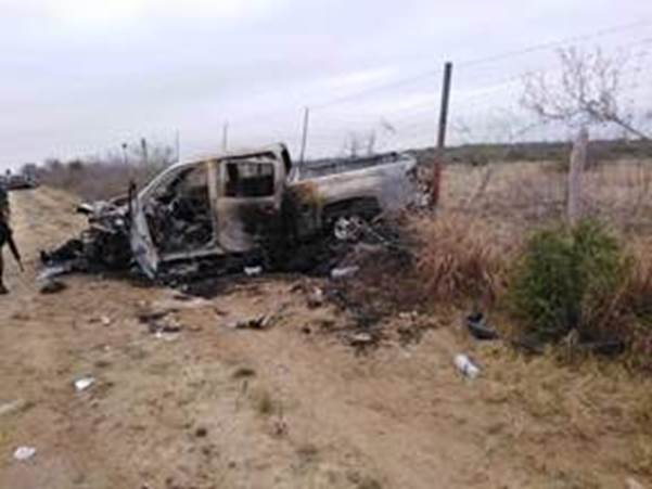 Localizan 21 cuerpos y vehículos calcinados en Miguel Alemán, Tamaulipas