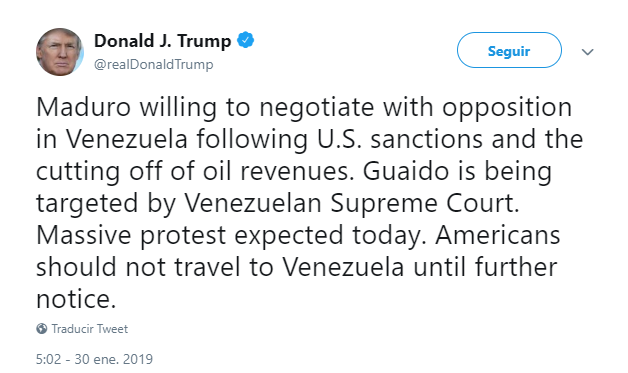 Foto: Tuit de Trump sobre situación en Venezuela, 30 de enero 2019, Estados Unidos