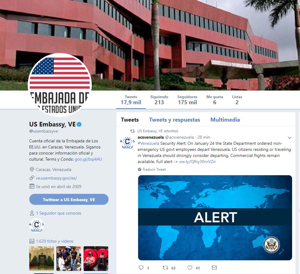 Foto: Imagen de la cuenta de Twitter de la embajada de Estados Unidos en Venezuela, 25 enero 2019