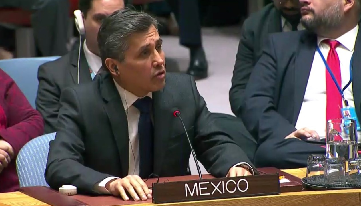 Foto: El embajador de México en la ONU, Juan José Gómez Camacho, respalda reducir tensiones en Venezuela, Nueva York, Estados Unidos, enero 26 de 2019 (Twitter: @MexOnu)