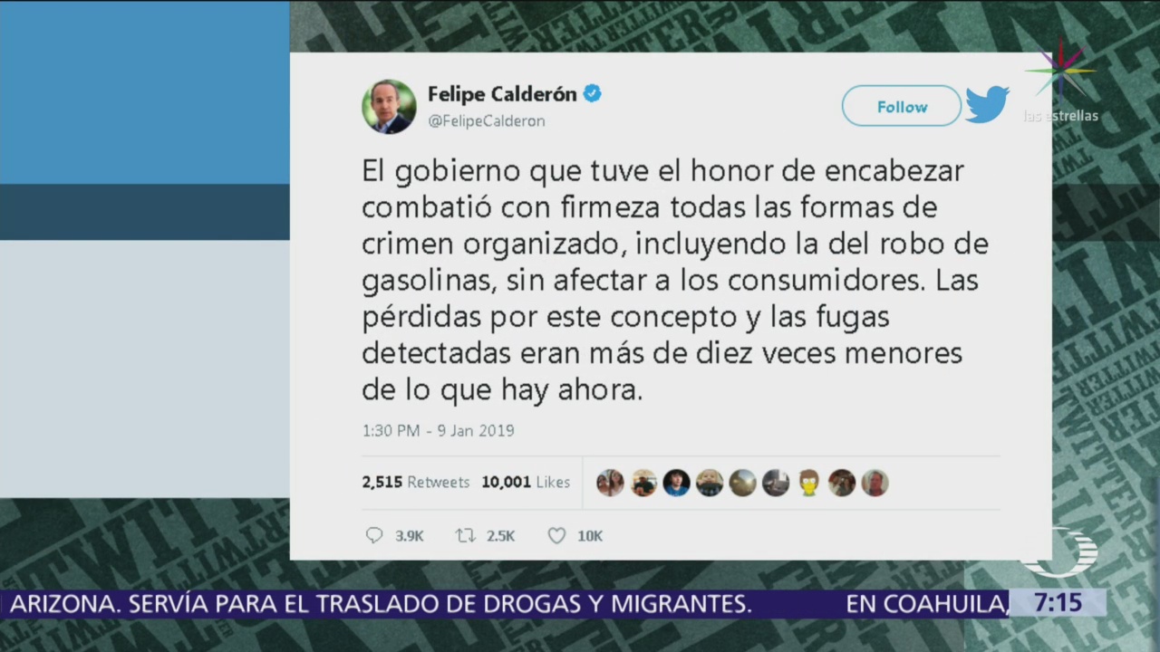 Felipe Calderón defiende lucha contra huachicoleros en su Gobierno