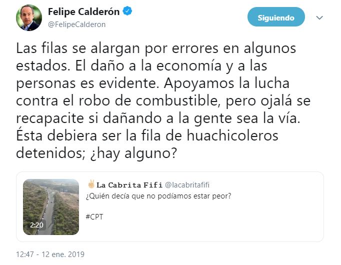 Felipe Calderón lamenta afectación a población por gasolina