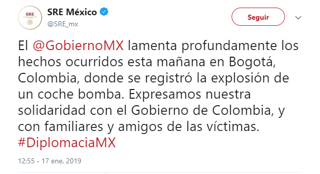 Gobierno de México lamenta ataque en Colombia. (@SRE_mx)