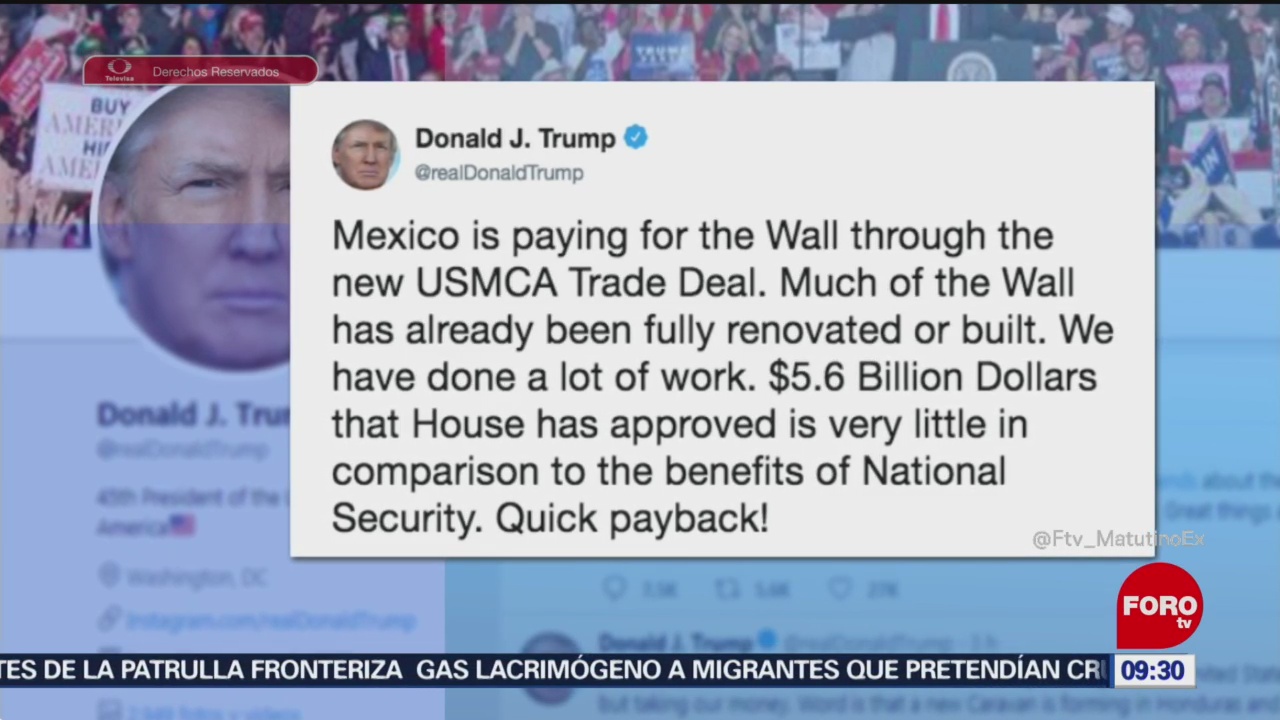 Insiste Trump que México ya está pagando el muro fronterizo