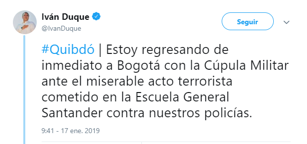 Iván Duque tuitea sobre explosión en Bogotá. (@IvanDuque)
