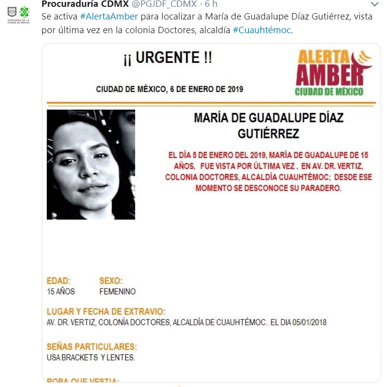 Alerta Amber: Ayuda a María Guadalupe Díaz Gutiérrez