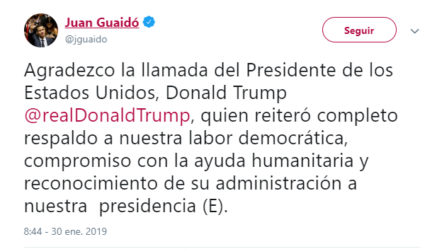Foto: Tuit de Juan Guaidó agradeciendo llamada a Trump. 30 de enero de 2019. Caracas, Venezuela