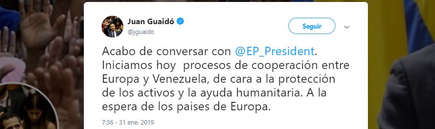 Foto: Juan Guaidó conversa con presidente del Parlamento Europeo 31 enero 2019
