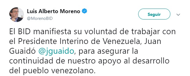 Foto: Luis Alberto Moreno, presidente del BID escribe en Twitter sobre Guaidó 23 de enero de 2019 (Twitter: @MorenoBID)