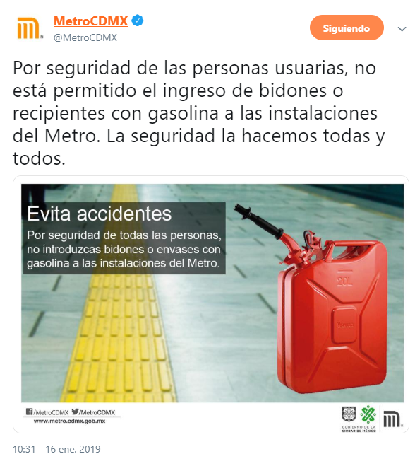 Metro CDMX prohíbe entrada con recipientes de gasolina