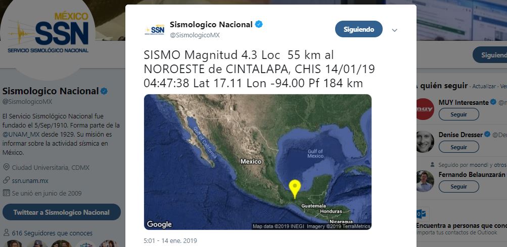 Ocurre sismo de magnitud 4.3 en Cintalapa, Chiapas