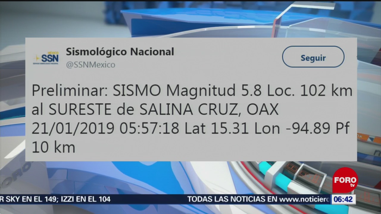 Ocurre sismo de magnitud preliminar 5.8 en Salina Cruz, Oaxaca