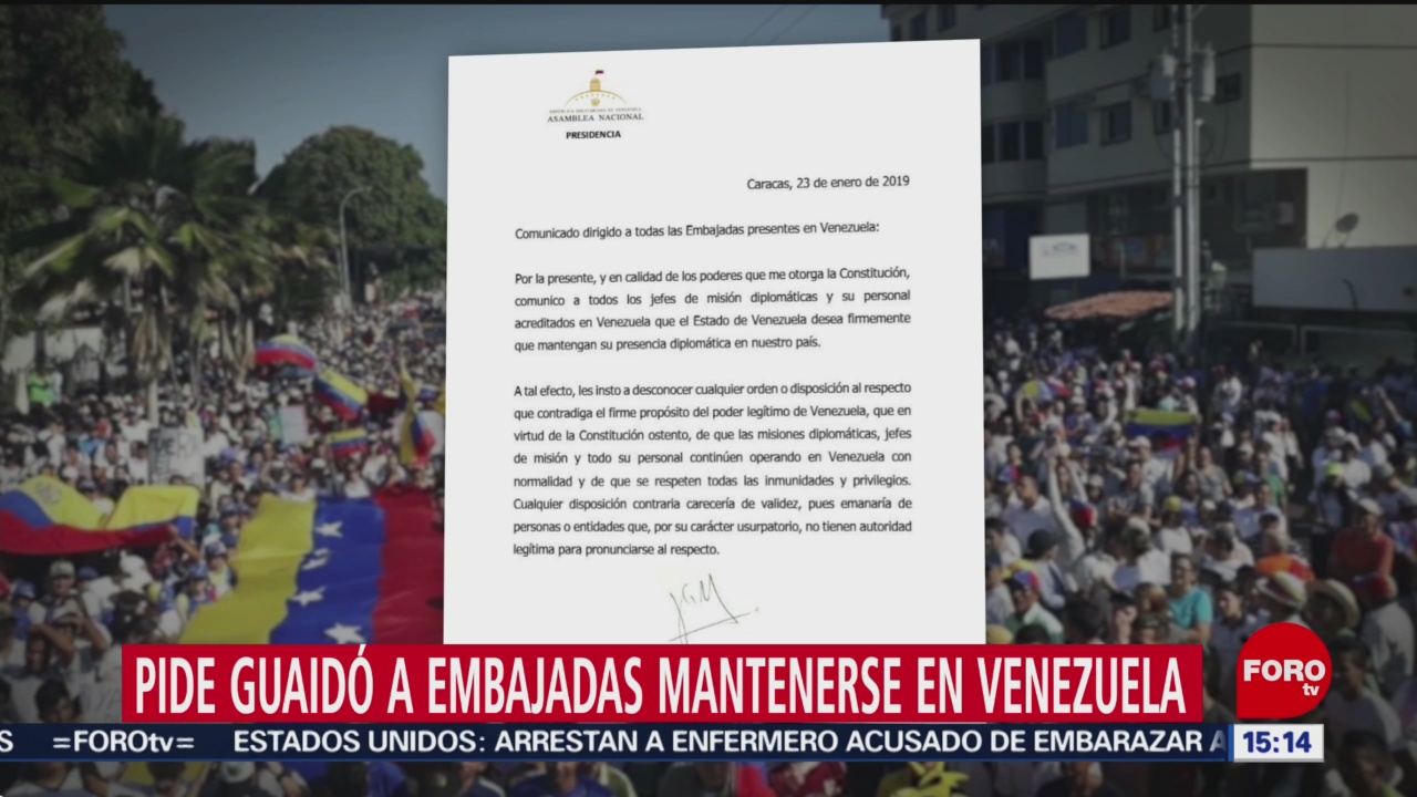 Pide Juan Guaidó a embajadas mantenerse en Venezuela