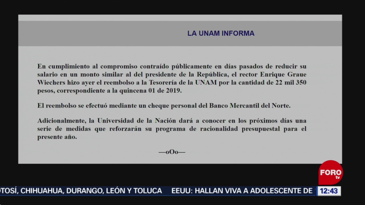 Rector de UNAM reembolsa 22 mil 350 pesos de su salario