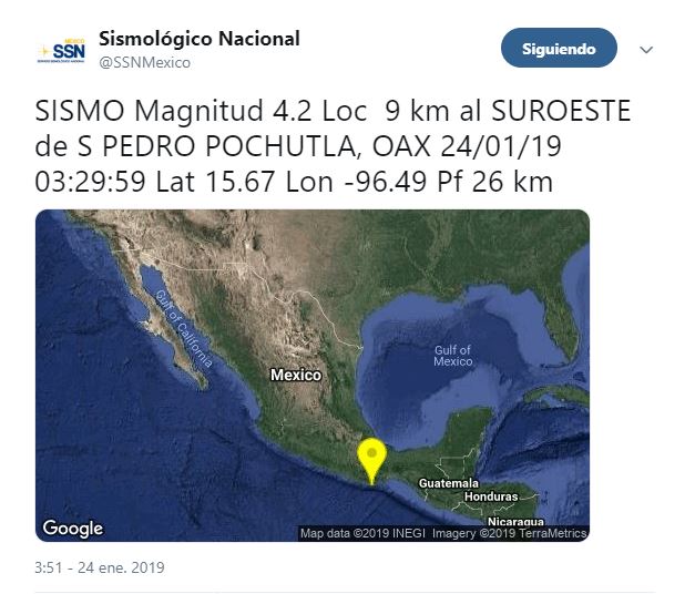 Foto: Mapa con epicentro de sismo en San Pedro Pochutla, Oaxaca, el 24 de enero 2019 