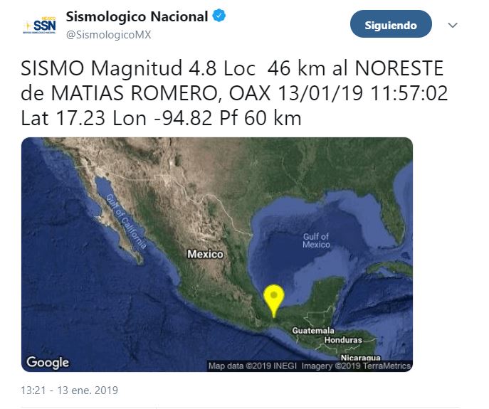 Un sismo de magnitud 4.8 se registra en Oaxaca; no hay reporte de daños