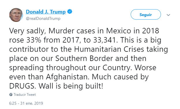Foto: Imagen de un tuit de Trump sobre la violencia en México. 31 de enero de 2019, Washington, Estados Unidos