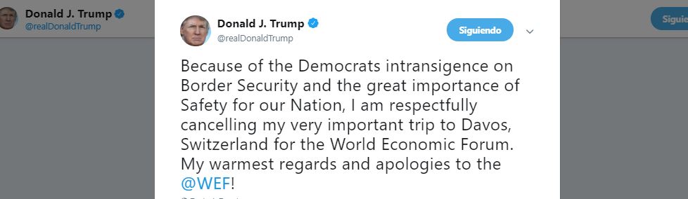 Trump cancela viaje a Foro de Davos