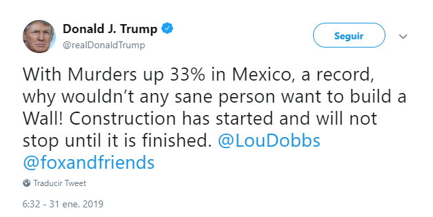 Foto: Tuit de Trump sobre violencia en México y muro fronterizo. 31 de enero de 2019, Washington, Estados Unidos