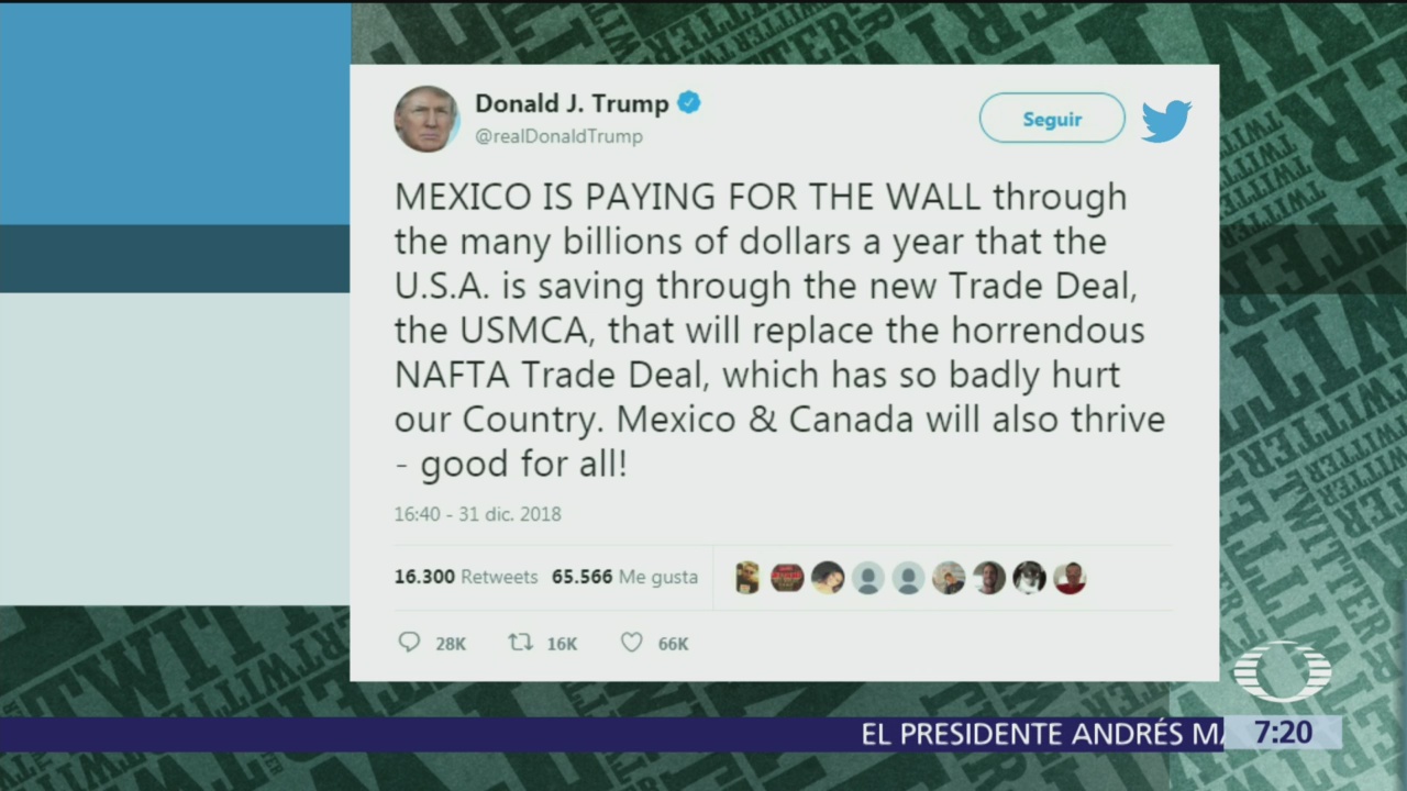 Trump reitera que México está pagando por el muro con T-MEC