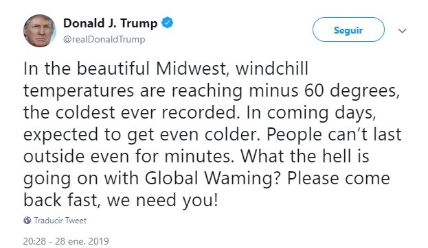 Foto: Mensaje de Trump en Twitter sobre el las temperaturas en Estados Unidos, 28 de enero 2019, Washington, Estados Unidos